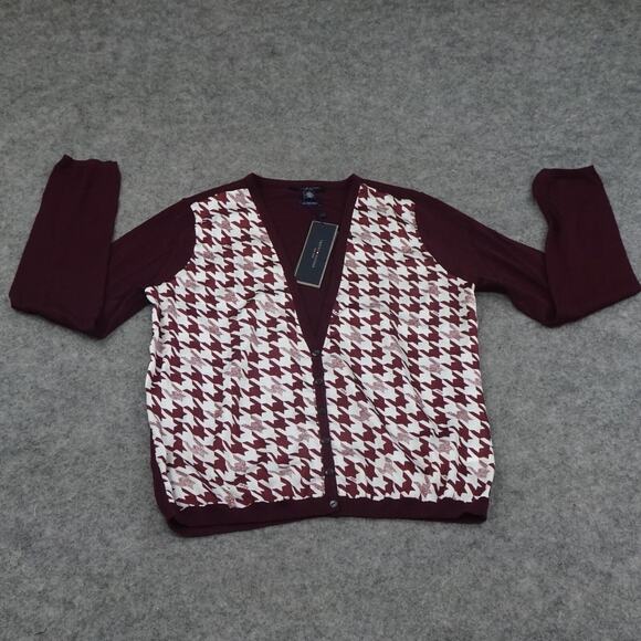 Tommy Hilfiger Sweater Womens Medium Cardigan Houndstooth Luxury Wool B - Picture 2 of 14